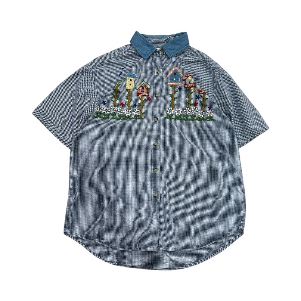 Vintage Casey & Max Shirt Embroidered Birdhouses Gingham Denim Collar Size L